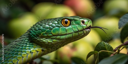 Obraz na płótnie Green snake resting among fresh green apples in a garden during daylight w salonie