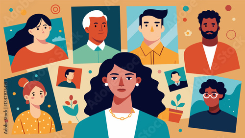 A collaborative photography exhibit showcasing portraits and written narratives of community members exploring the theme of selfexpression and identity.. Vector illustration