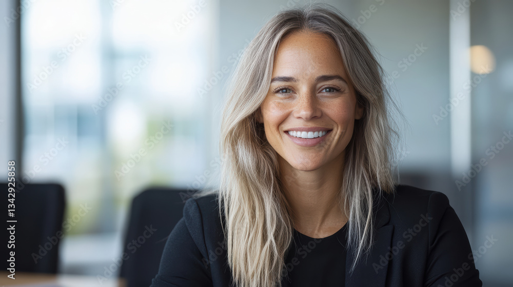 confident woman smiling in corporate office setting, showcasing professionalism and positivity confident woman smiling in corporate office setting, showcasing professionalism and positivity