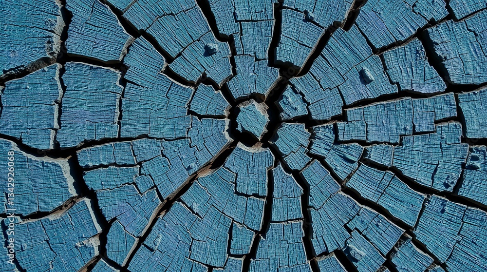 Obraz premium Close-up of a cracked blue tree stump with deep radial fissures, creating a striking weathered pattern that highlights the natural beauty of aged wood.