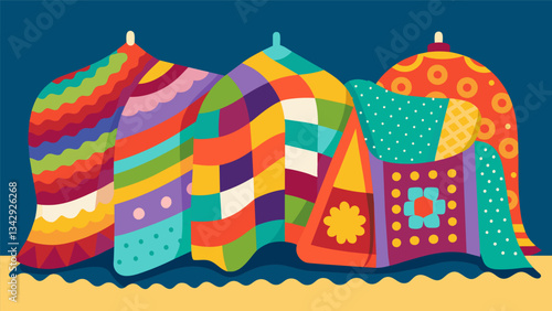 A display of colorful and whimsical crochet blankets crafted by a retired textile artist.. Vector illustration