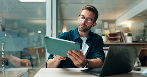 Bild auf Leinwand Tablet, glasses and laptop with business man in office for planning, ui designer and app review