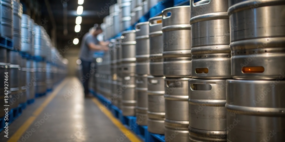 Worker organizing metal kegs in a brewery warehouse during a busy afternoon shift