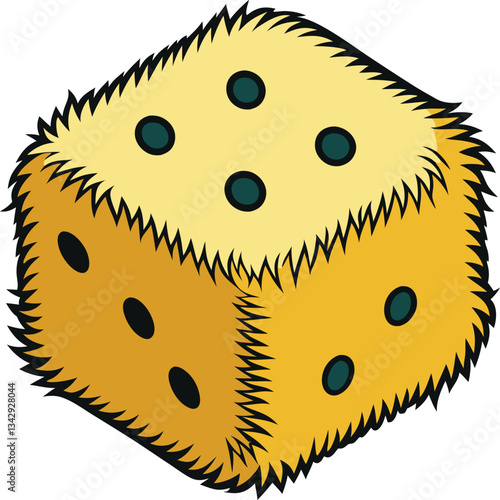 Fuzzy Yellow Dice Vector with Green Dots, Vector illustration of fuzzy yellow dice with green dots, showcasing a playful and textured design.

