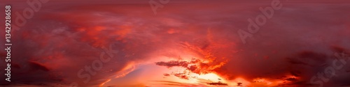 360 panorama of glowing sunset sky with bright pink Cumulus clouds. HDR 360 seamless spherical panorama. Full zenith or sky dome sky replacement for aerial drone panoramas. Climate and weather change.