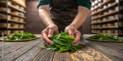 Obraz na płótnie Fresh tea leaves are being prepared in a traditional tea workshop with wooden shelves w salonie