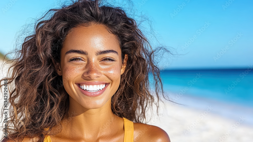 joyful woman with curly hair smiling brightly at beach joyful woman with curly hair smiling brightly at beach