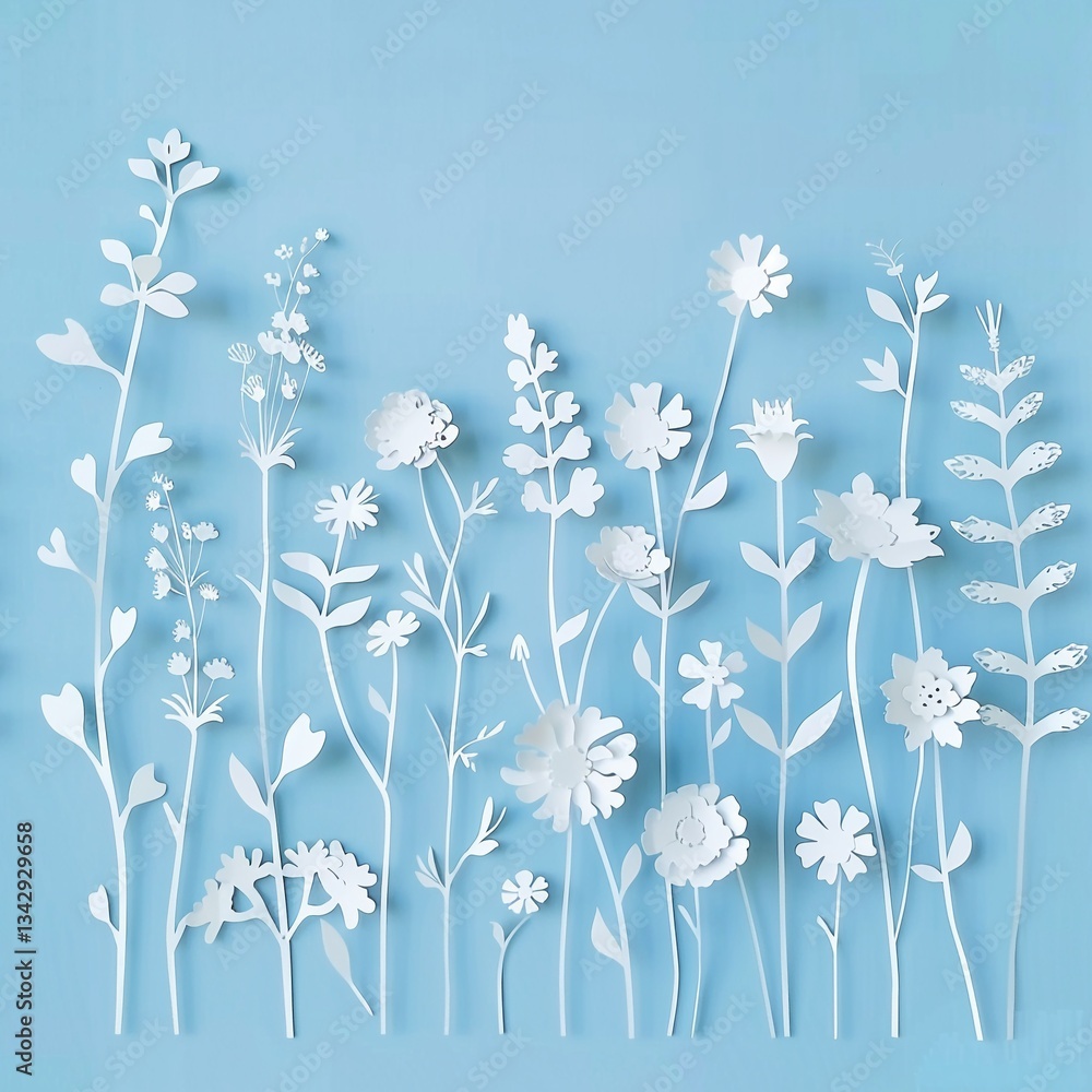 Fototapeta premium Elegant seamless pattern with white wildflowers in paper cut style on a pastel blue background. Perfect for textile design, wallpapers, gift wrapping, and Easter-themed creative projects.