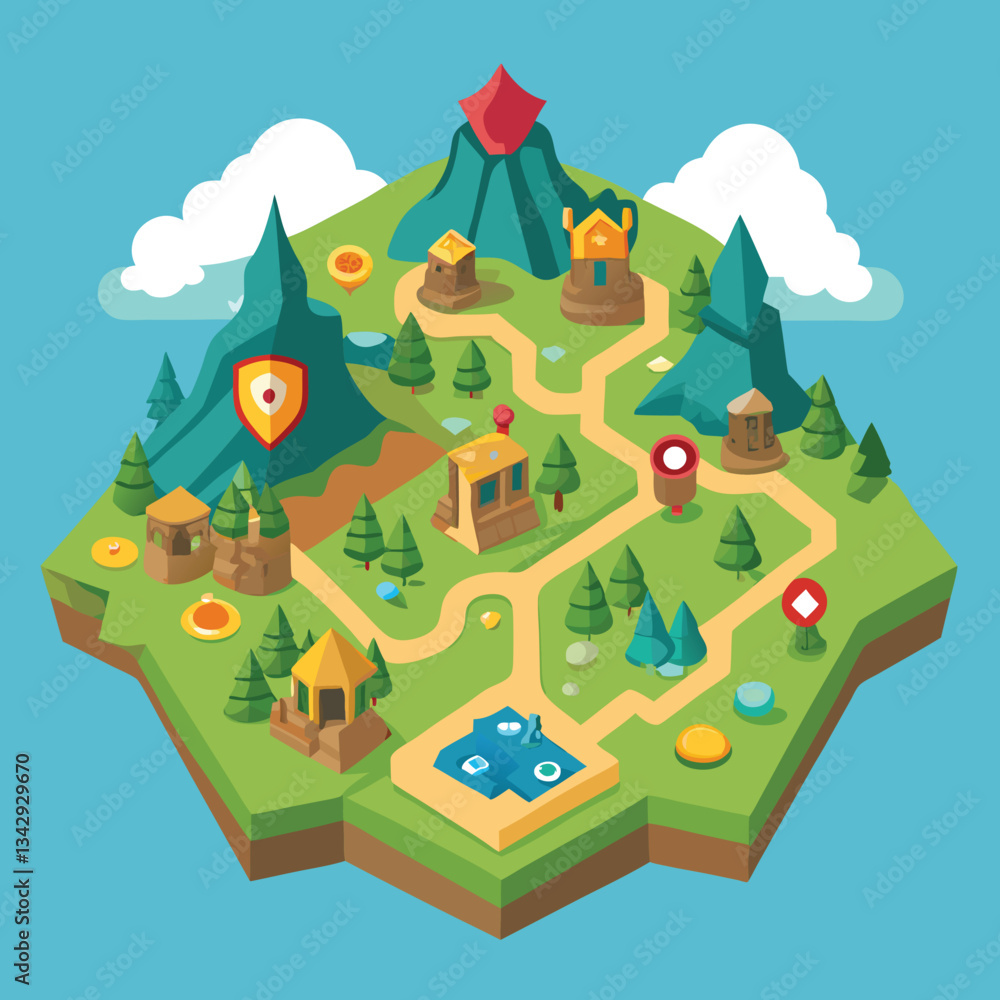 Isometric fantasy game map with mountains and landmarks, An isometric illustration of a fantasy game map featuring mountains, villages, and landmarks connected by a winding path, set against a blue sk Isometric fantasy game map with mountains and landmarks, An isometric illustration of a fantasy game map featuring mountains, villages, and landmarks connected by a winding path, set against a blue sk