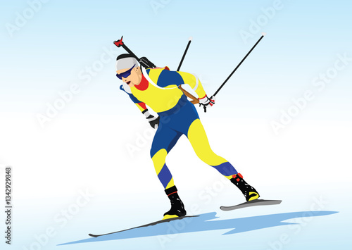 009-03-Professional biathlete skiing fast and aiming with rifle during biathlon competition