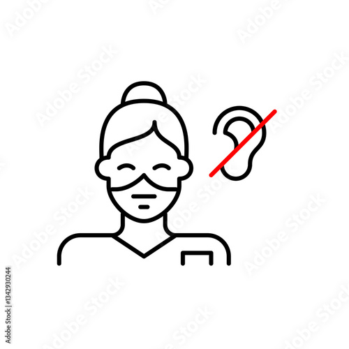 Female doctor or nurse and ear crossed symbol. Audiologist, otolaryngologist treating hearing loss. Health services designed for deaf or hard-of-hearing patients, such as sign language communication. 