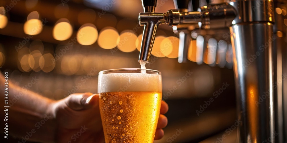 Craft beer being poured into a glass at a lively bar during an evening gathering with friends