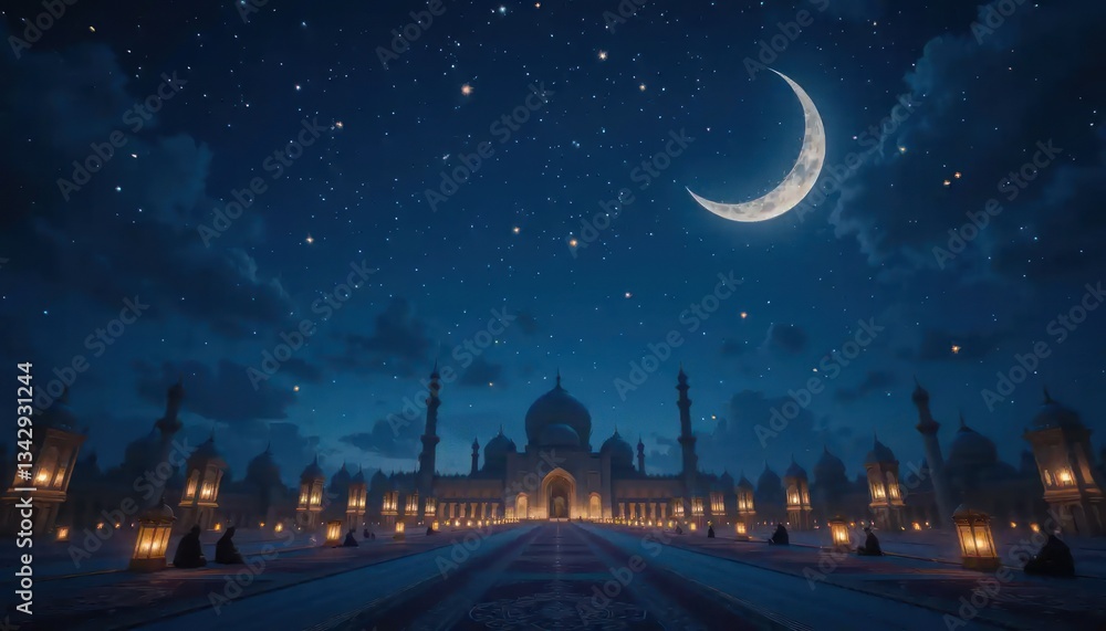 Fototapeta premium Mystical Ramadan night, crescent moon over illuminated mosque, spiritual reflection