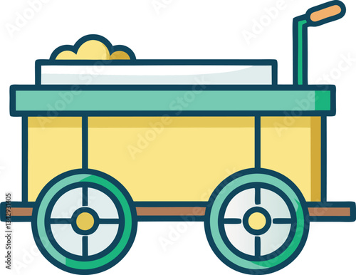 Mining cart vector with wheels and handle, A vector illustration of a mining cart filled with material, featuring wheels and a handle, suitable for industrial or construction themes.
