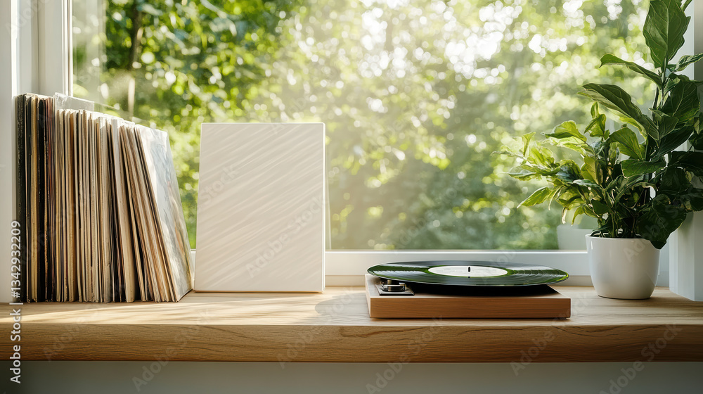 sunlit window with vinyl records and plant creates cozy atmosphere sunlit window with vinyl records and plant creates cozy atmosphere