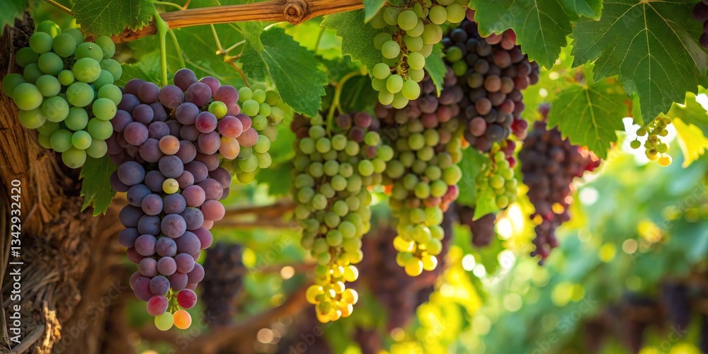 Bunches of ripe and unripe grapes hanging on the vine during late afternoon sunlight in a vineyard