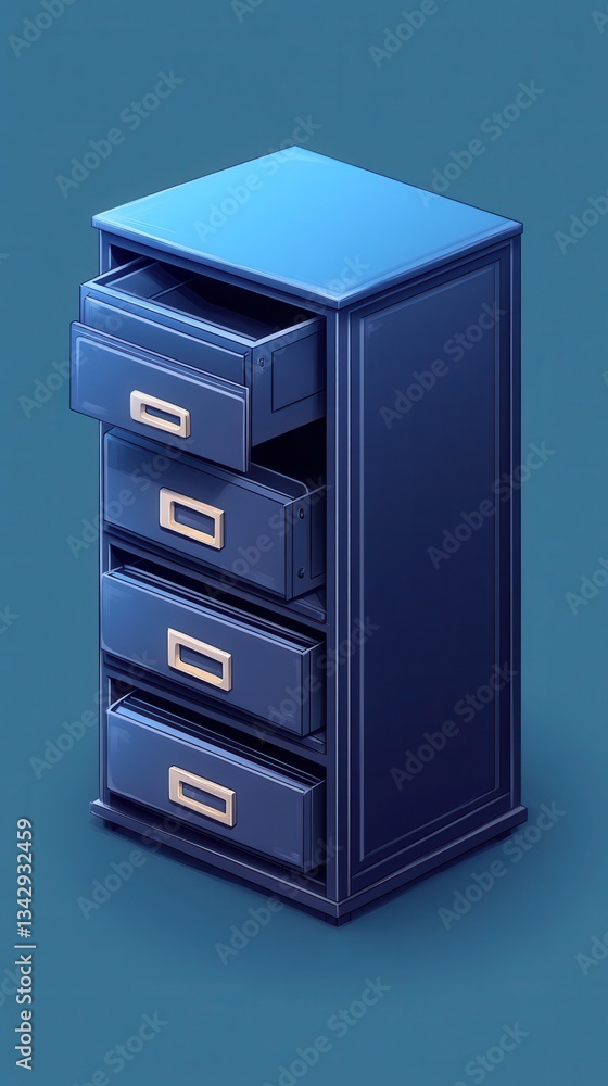 Modern Blue Filing Cabinet with Open Drawers on Blue Background Modern Blue Filing Cabinet with Open Drawers on Blue Background