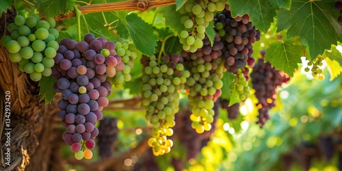 Obraz na płótnie Bunches of ripe and unripe grapes hanging on the vine during late afternoon sunlight in a vineyard w salonie
