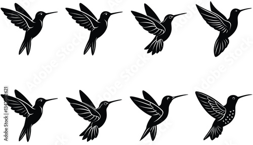 Hummingbird Icon on Flat Color Circle Buttons. Hummingbird Vector Shilhouette Bundle Set Collection.