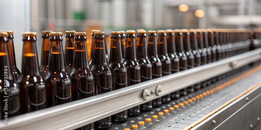 Conveyor belt displays numerous filled bottles during beer production in a modern brewery facility