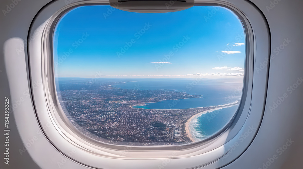 Aerial view of coastal city from airplane window, showcasing blue skies and ocean Aerial view of coastal city from airplane window, showcasing blue skies and ocean