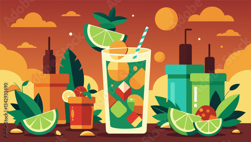 Old Havanas vibrant energy was contagious as we wandered into a crowded bar eager to taste their signature Havana Mojitos perfectly chilled and topped with a sprig of mint.. Vector illustration
