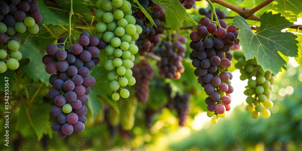 Grapes growing in a vineyard during late afternoon near a sunny slope in late summer