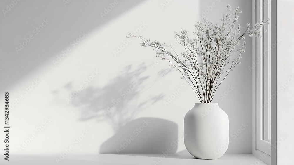 Obraz premium A minimalist vase with dried flowers casting shadows in a bright, serene space.