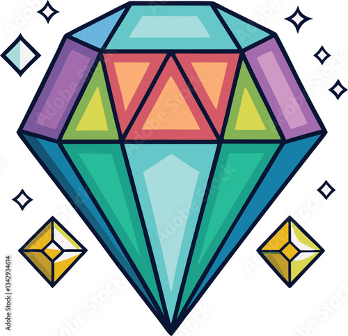 Multicolored Diamond with Sparkles Vector Illustration, A vibrant vector illustration of a multicolored diamond with geometric facets and sparkling details around it.
