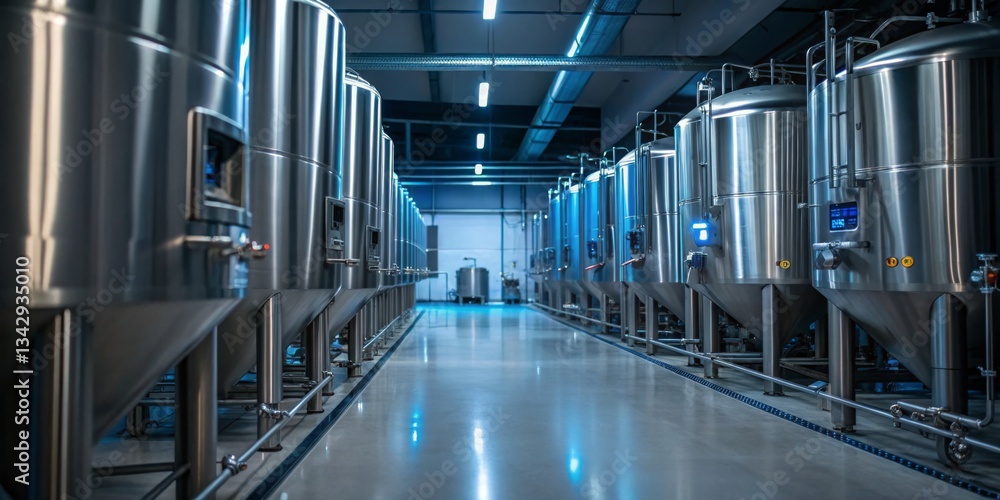 Large brewing facility showcasing stainless steel fermentation tanks for craft beer production in a modern industrial setting