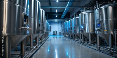 Obraz na płótnie Large brewing facility showcasing stainless steel fermentation tanks for craft beer production in a modern industrial setting w salonie
