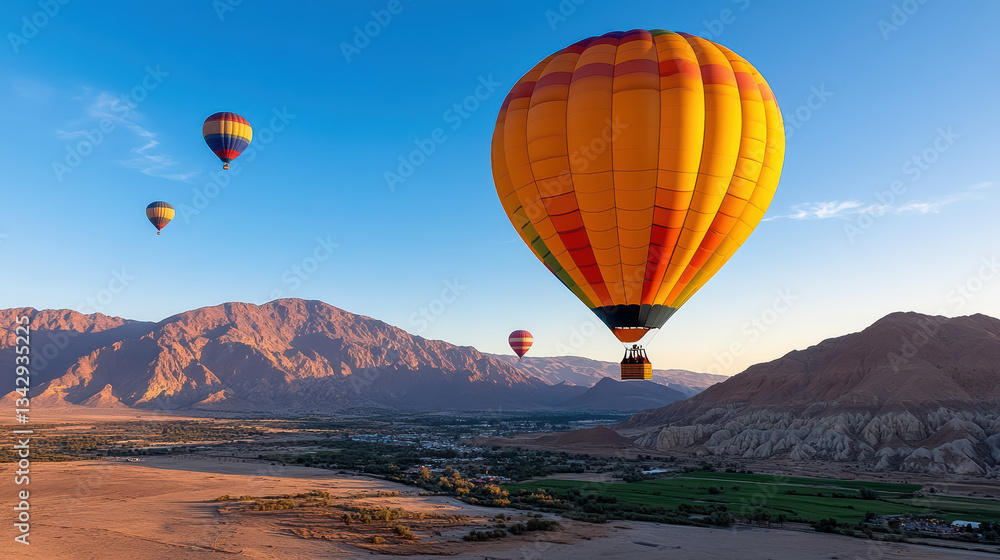 Naklejka premium Aerial view of colorful hot air balloons over scenic landscape at sunset