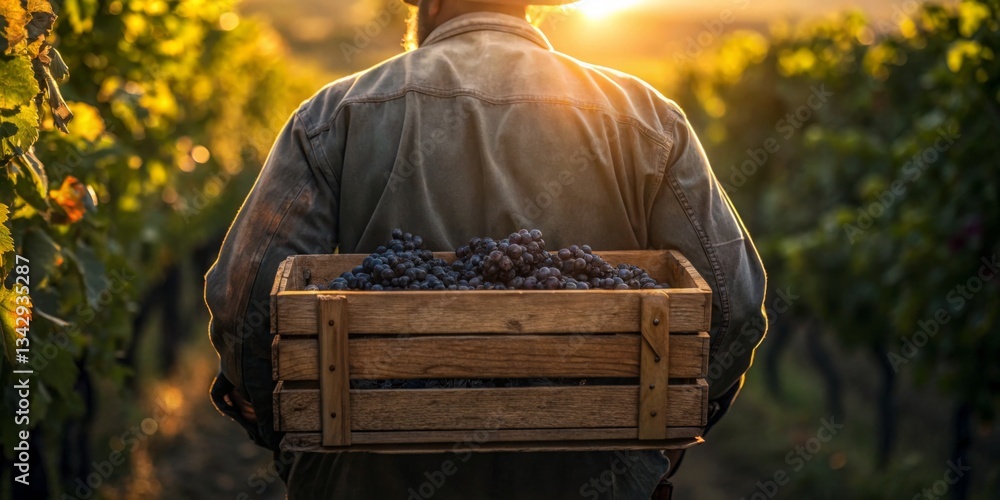 Harvesting grapes at sunset in a vineyard during the fall season