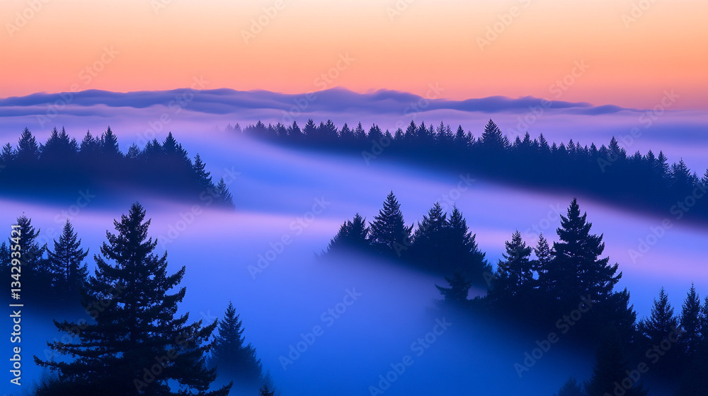 Fototapeta premium Serene misty mountain landscape at sunrise with majestic pine trees fog sky dawn blue pink calm view