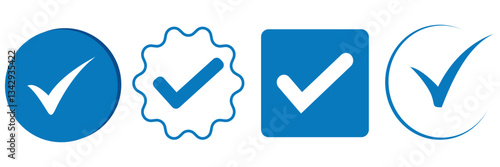 Blue Tick mark icon. Approved, verified and protected icons. Guarantee, approval, acceptance and quality vector badges. Isolated vector.
