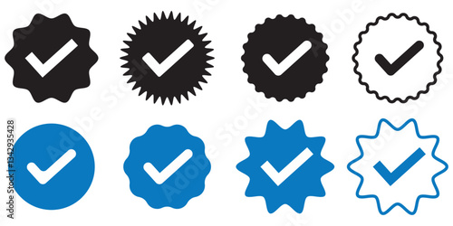 Blue Tick mark icon. Approved, verified and protected icons. Guarantee, approval, acceptance and quality vector badges. Isolated vector.
