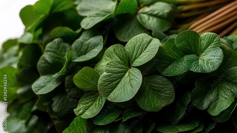 Close-up capture showcases vibrant green three-leaf water clover plants Close-up capture showcases vibrant green three-leaf water clover plants
