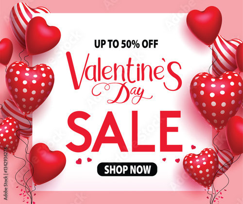 Valentine's day sale vector banner template. Valentine's day 50% off discount text in white board space with 3d balloon hearts element for shopping promotion offer design. Vector illustration
