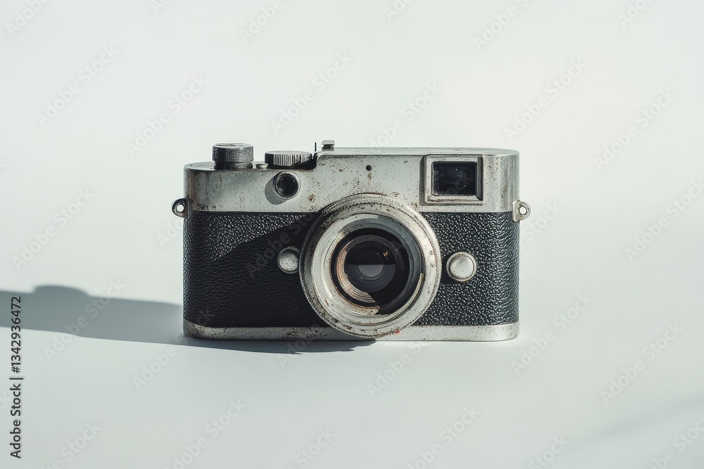 An old silver and black camera is displayed against a white background An old silver and black camera is displayed against a white background