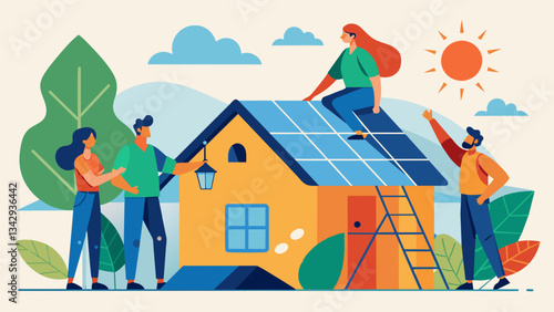 A group of Gen X homeowners coming together to install solar panels on their roofs reducing their reliance on fossil fuels and ting down on electricity costs.. Vector illustration