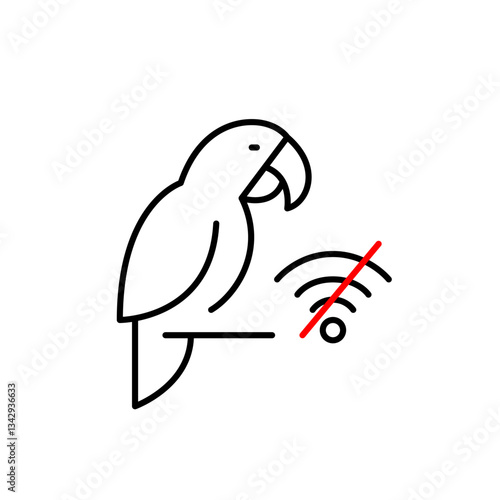 Parrot on perch and no wi-fi symbol. Pet tracking offline, location unavailable. Pixel perfect, editable stroke vector icon