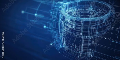 Mechanical energy physics motion concept, Blueprint-style illustration of a mechanical device in blue tones.