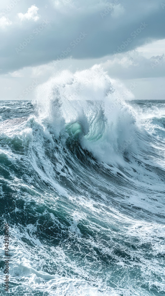 Fototapeta premium Mechanical energy physics motion concept, Dynamic ocean wave crashing with frothy spray under a cloudy sky.