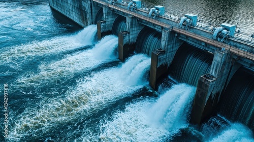 Mechanical energy physics motion concept, Water flows through a dam, showcasing the power of hydraulic engineering and natural resources.