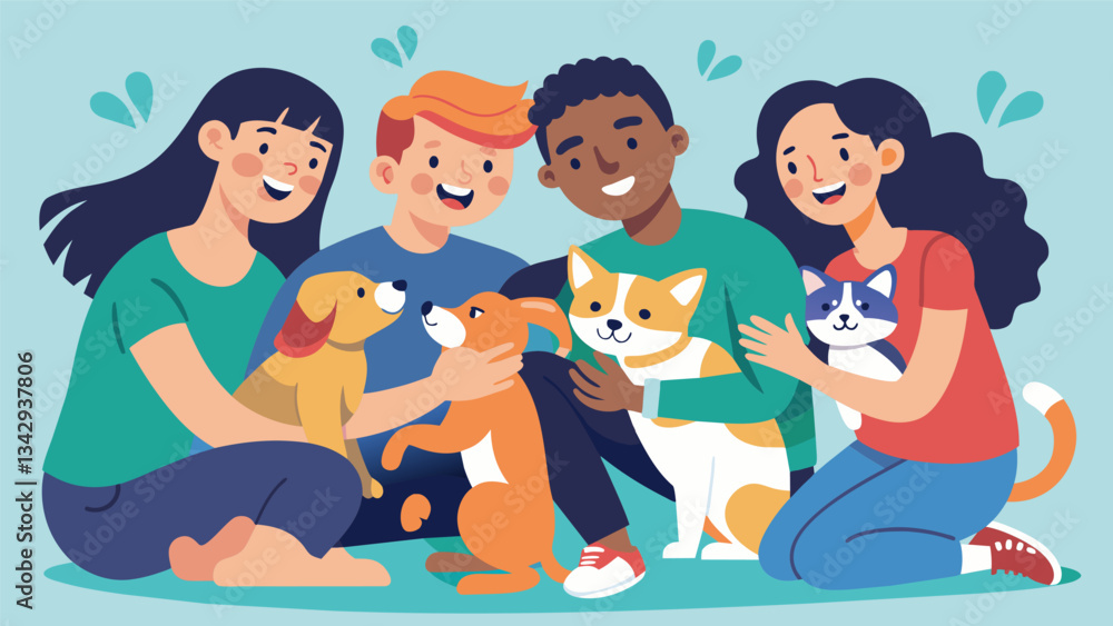 A group of friends gather at a local animal shelter spending their afternoon playing and cuddling with the adorable cats and dogs their spirits lifted by the playful energy.. Vector illustration A group of friends gather at a local animal shelter spending their afternoon playing and cuddling with the adorable cats and dogs their spirits lifted by the playful energy.. Vector illustration