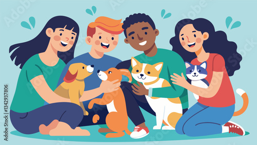 A group of friends gather at a local animal shelter spending their afternoon playing and cuddling with the adorable cats and dogs their spirits lifted by the playful energy.. Vector illustration