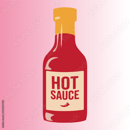 Hot Sauce Bottle Vector Illustration,Spicy Sauce Bottle Flat Design,Red Hot Sauce Bottle with Label,Chili Sauce Bottle Cartoon Style,Classic Hot Sauce Bottle Icon