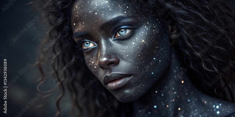 Portrait of a woman with cosmic body art set against a dark background showcasing stars and galaxies