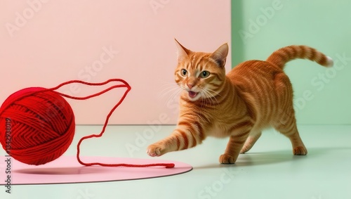 Cat playtime routines concept A playful cat chasing a red yarn ball on colorful background.
