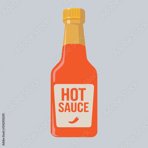 Hot Sauce Bottle Vector Illustration,Spicy Sauce Bottle Flat Design,Red Hot Sauce Bottle with Label,Chili Sauce Bottle Cartoon Style,Classic Hot Sauce Bottle Icon